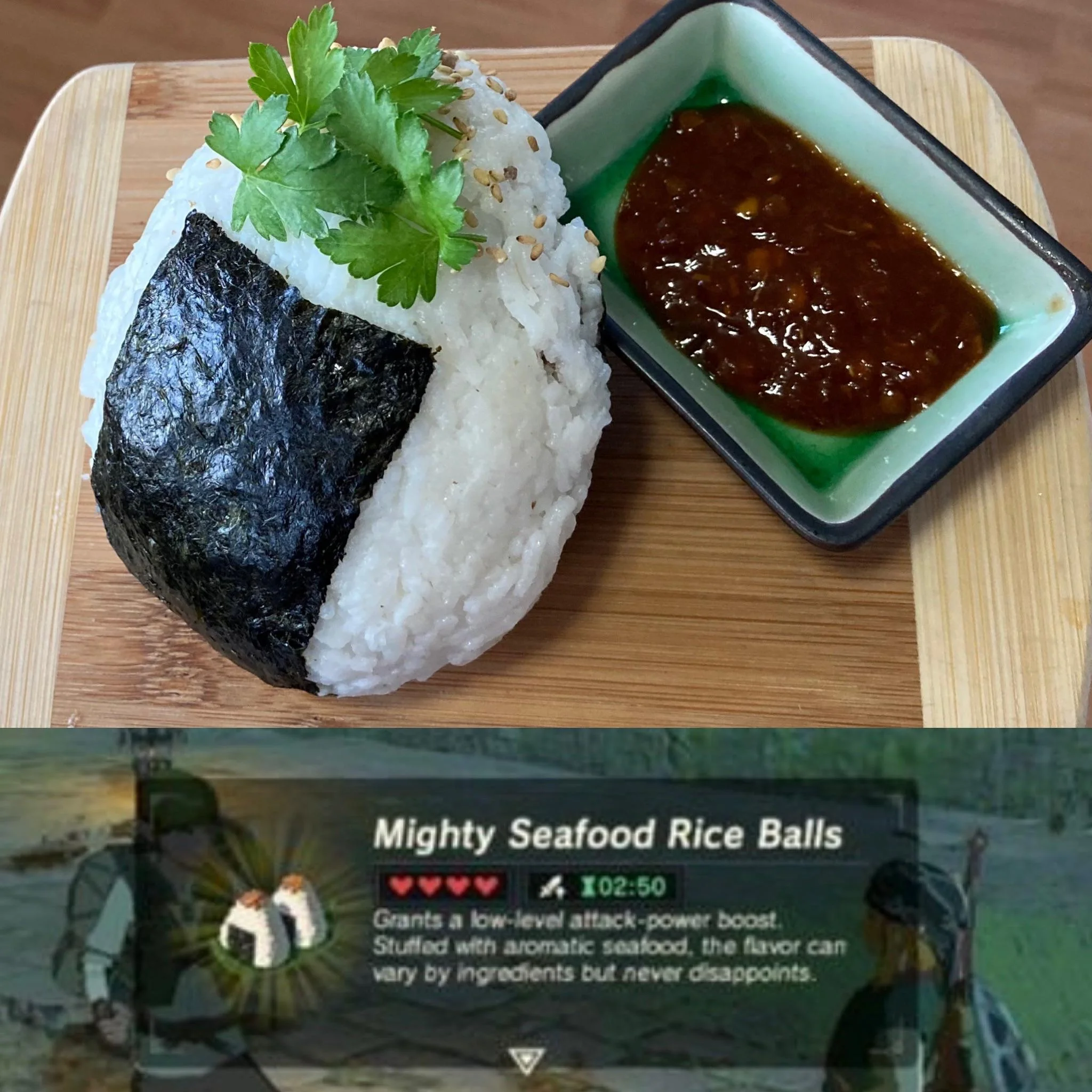 A completed rice ball with sauce