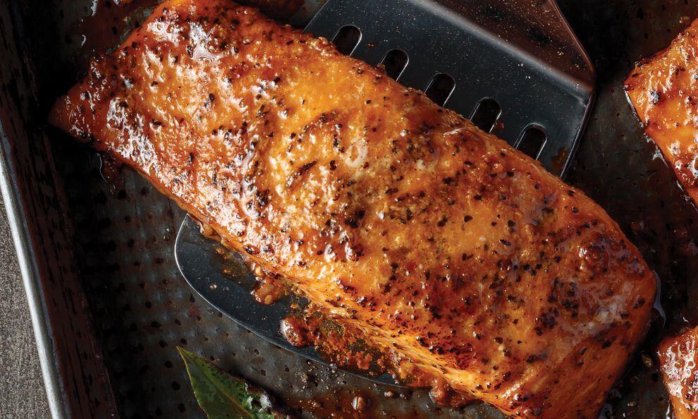 A cooked salmon steak